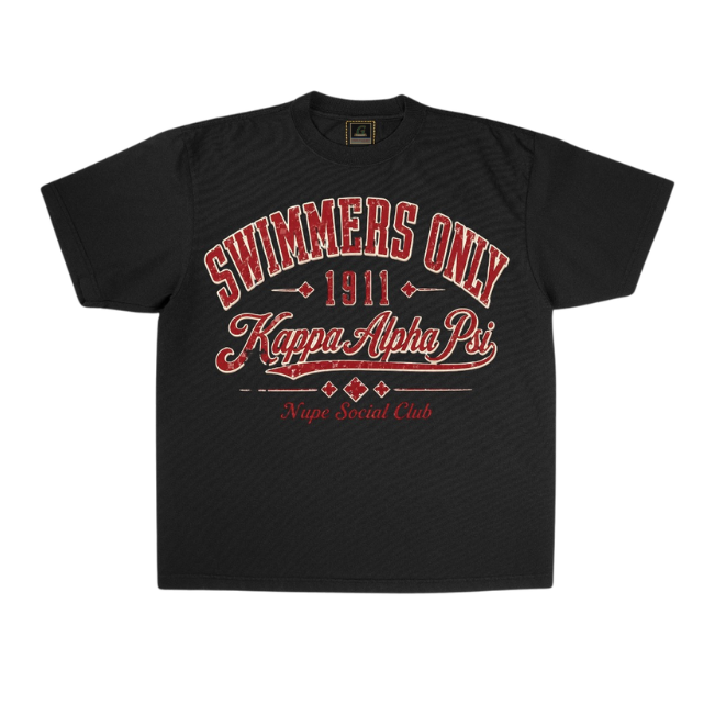 Black t-shirt with red and white text on a white background