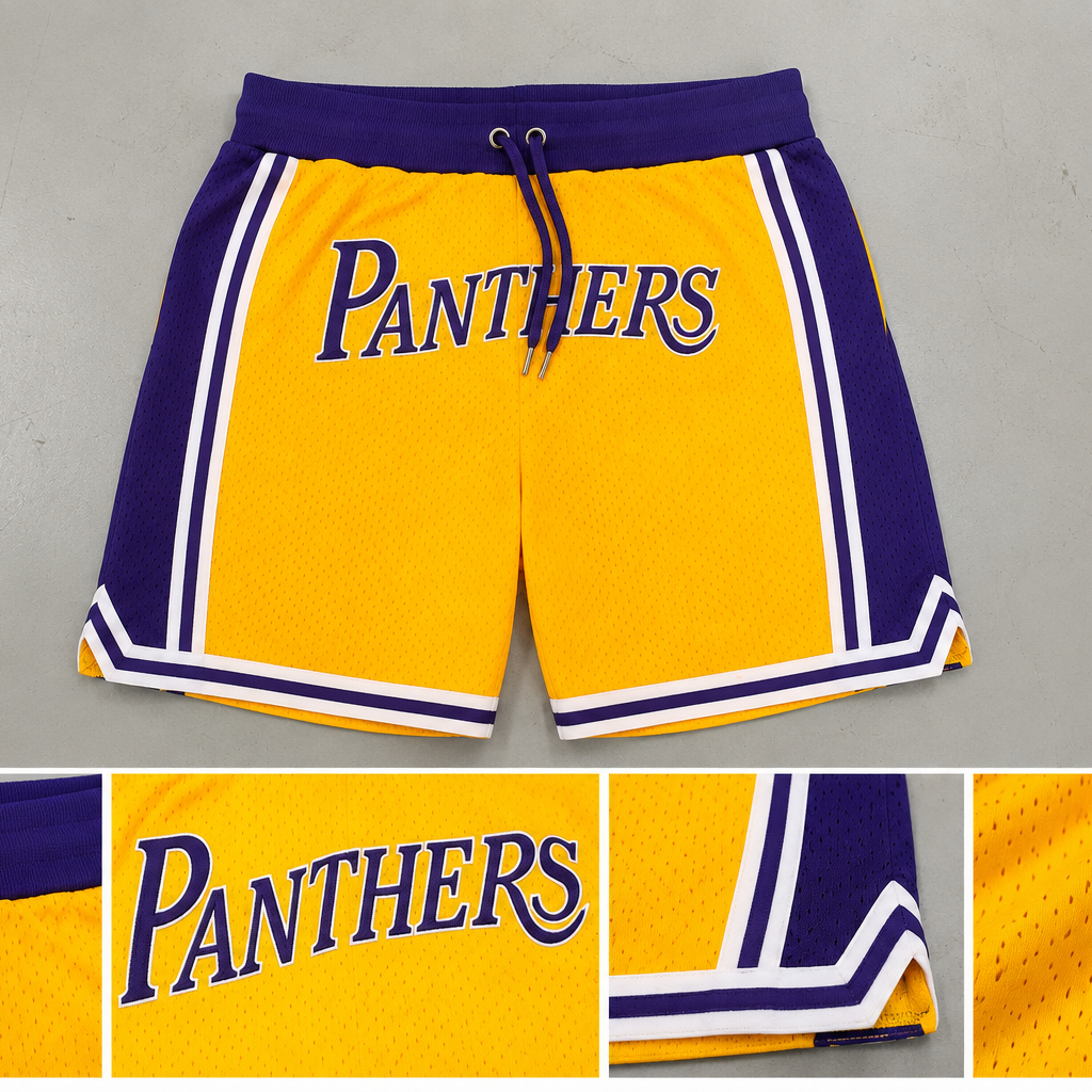 Yellow and purple basketball shorts with 'PANTHERS' embroidered in purple on the front, shown on a gray background with three detail inset images at the bottom.