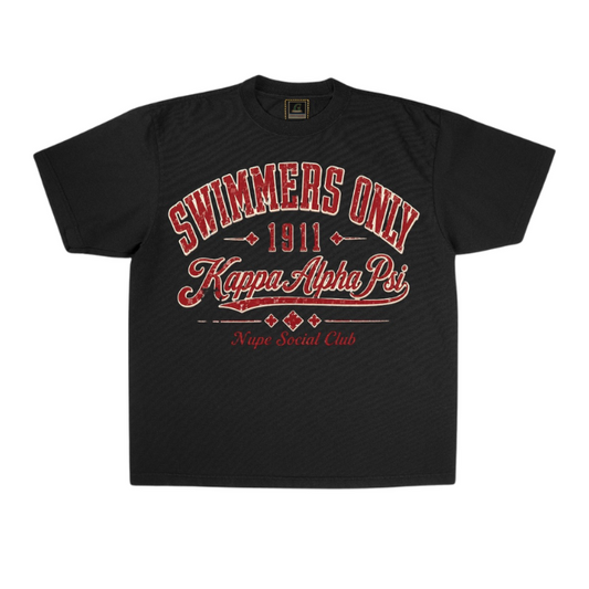 Black t-shirt with red and white text on a white background